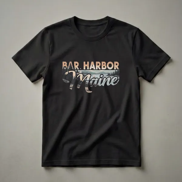 Black t-shirt featuring a retro graphic design with 'Bar Harbor Maine' text overlaying a coastal scene with a lighthouse, sailboat, pine trees, and mountains.