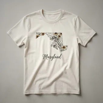 Maryland State Outline Floral Sketch Art T-Shirt for Residents and