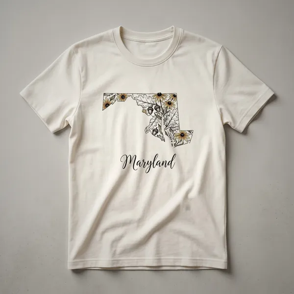Black t-shirt featuring the outline of Maryland filled with a sketch of sunflowers, oak leaves, and acorns, with the word 'Maryland' written below in script.