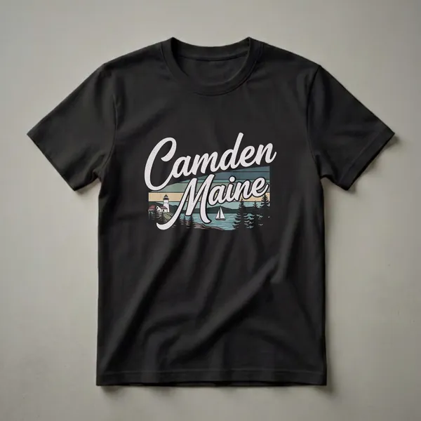 Black t-shirt with a retro graphic design of Camden, Maine, featuring a lighthouse, sailboat, pine trees, and distressed text.