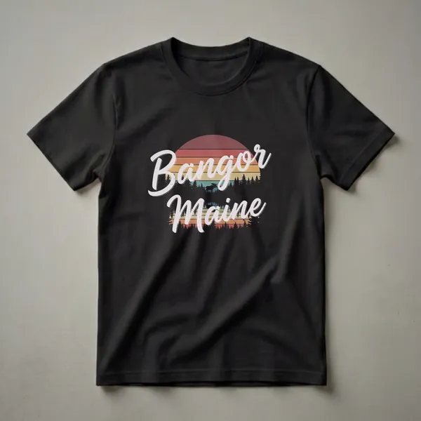 Black t-shirt with a retro Bangor Maine graphic design featuring a vintage sunset, pine trees, and a moose silhouette.