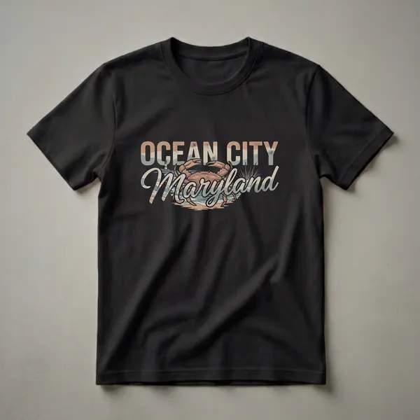 Black t-shirt featuring a retro graphic design of Ocean City, Maryland with a large crab, lighthouse, beach, and waves.
