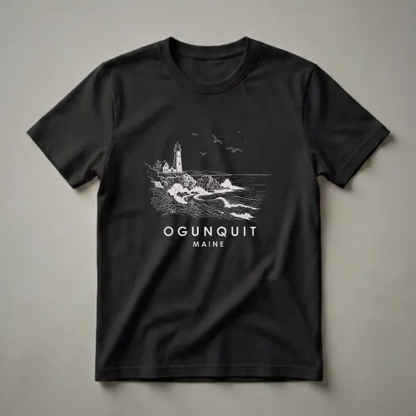 Black graphic t-shirt featuring a vintage line art illustration of the Ogunquit, Maine lighthouse on a rocky coast with crashing waves and seagulls, with 'OGUNQUIT MAINE' text below.