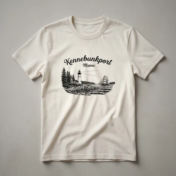 A black graphic t-shirt featuring a sketch of Kennebunkport, Maine, with a lighthouse, house, pine trees, and a sailing ship on the water.