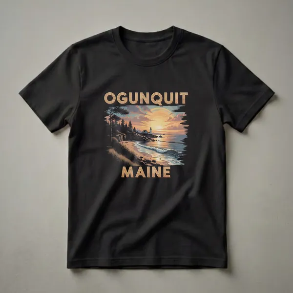 Black graphic t-shirt featuring a retro art design of Ogunquit, Maine, with a coastal sunset, lighthouse, beach, and pine trees.