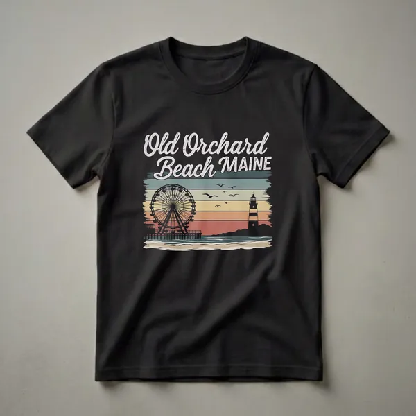 Black t-shirt featuring a retro graphic of Old Orchard Beach, Maine, with a Ferris wheel on a pier, a lighthouse, seagulls, and a striped sunset.