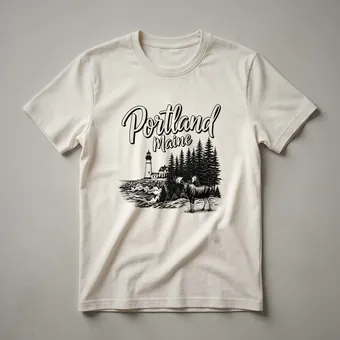 Portland Maine Lighthouse and Moose Sketch Art T-Shirt
