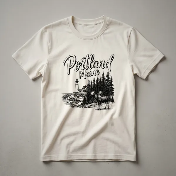 Black t-shirt with a sketch art design of Portland, Maine, showing a lighthouse, waves, pine trees, and a moose.