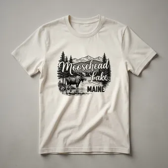 Moosehead Lake Maine Retro Moose and Mountain Graphic T-Shirt