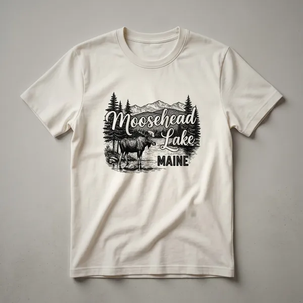 Black graphic t-shirt with a vintage line drawing of a moose in Moosehead Lake, Maine, surrounded by pine trees and mountains.