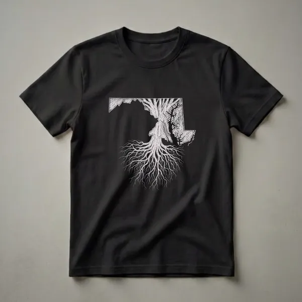 Black t-shirt with a white line drawing of the Maryland state map filled with a tree trunk and intricate root system, symbolizing state pride.