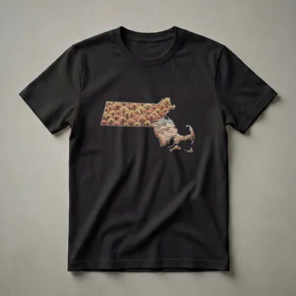 Black t-shirt featuring a stylized map of Massachusetts filled with autumn trees and a coastal scene with water and sand.