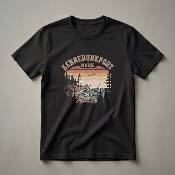 A black graphic t-shirt featuring a retro design of a lighthouse on a rocky Maine coast with crashing waves and a sailboat, set against a sunset.