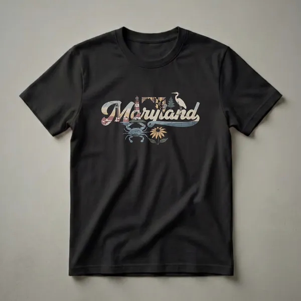 A retro graphic t-shirt featuring the word 'Maryland' with a lighthouse, blue crab, great blue heron, pine tree, black-eyed Susan, and the Maryland state flag.