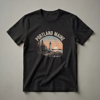 Retro Portland Maine Lighthouse Sunset Graphic T-Shirt