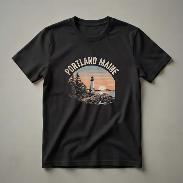 Black t-shirt featuring a retro graphic of a lighthouse on a rocky coast in Portland, Maine at sunset, with pine trees and the words 'Portland Maine' arched above.