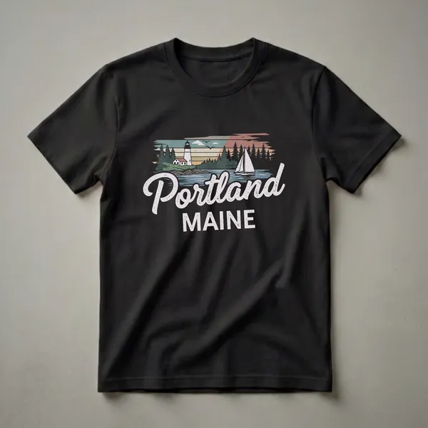Black t-shirt featuring a retro graphic design of Portland, Maine, with a lighthouse, sailboat, pine trees, and seagulls against a sunset-colored sky.