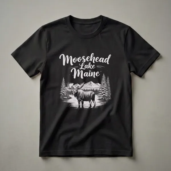 Black t-shirt with a vintage sketch design of a moose standing in Moosehead Lake, Maine, surrounded by pine trees and mountains.