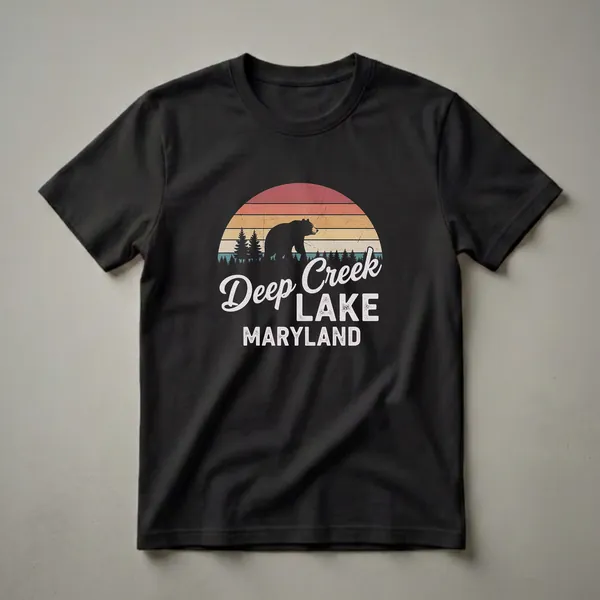 Black t-shirt with a retro graphic design of a bear walking in front of a sunset over pine trees, with 'Deep Creek LAKE MARYLAND' text.