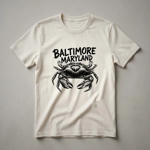 Black t-shirt with a sketch art design of a blue crab and the words BALTIMORE MARYLAND in a distressed font.