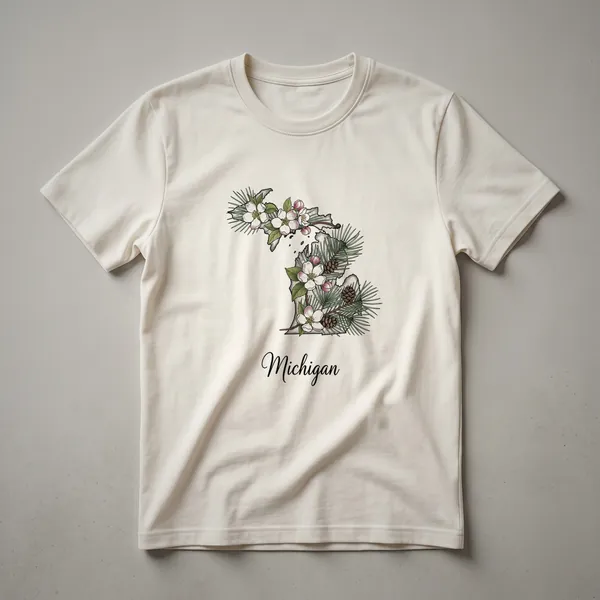 Black t-shirt featuring a stylized map of Michigan adorned with pine branches, pinecones, and dark floral elements, with the word 'Michigan' scripted below.