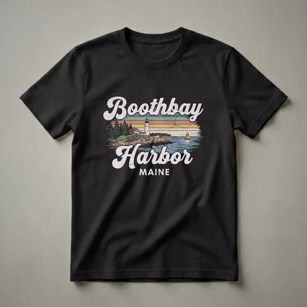 Black graphic t-shirt featuring a retro design of Boothbay Harbor, Maine, with a lighthouse, coastal buildings, pine trees, a sailboat, and distressed horizontal stripes.