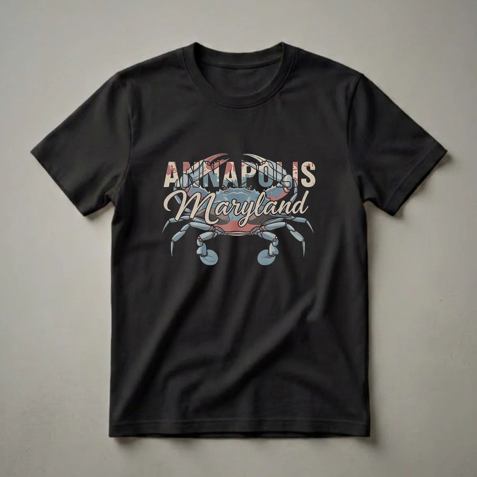 Black t-shirt featuring a retro graphic of a blue crab with 'Annapolis' and 'Maryland' text in distressed vintage fonts.