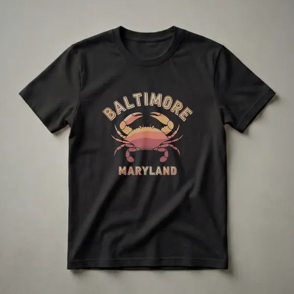 Black t-shirt with a retro graphic of a crab in shades of orange and yellow, with the words Baltimore and Maryland in a distressed font.