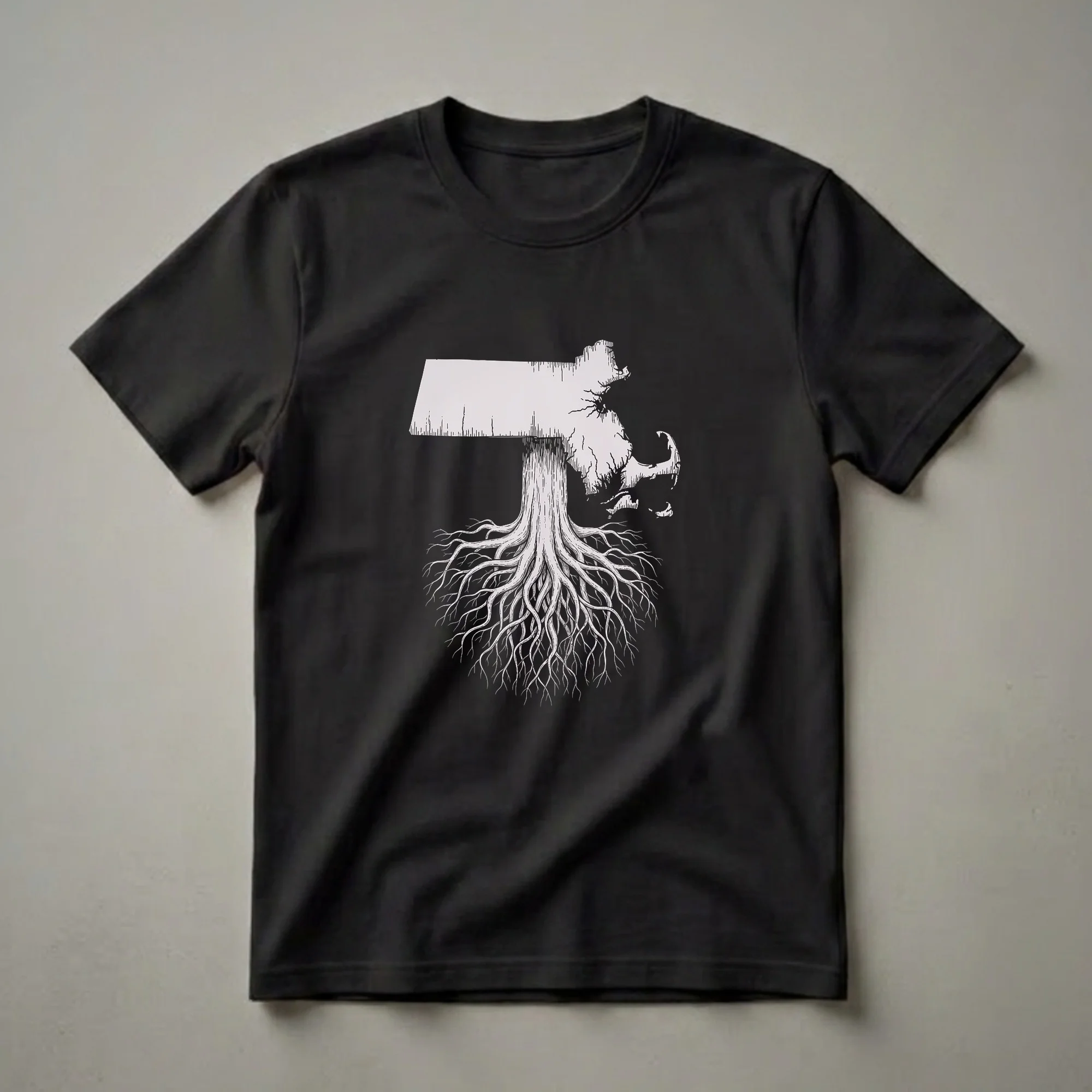 Black t-shirt featuring a vintage illustration of the state of Massachusetts superimposed on a tree trunk with detailed root systems.