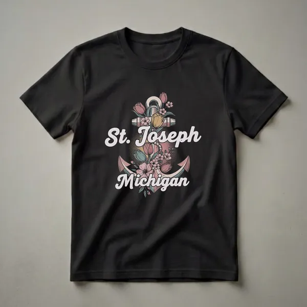 Black t-shirt featuring a retro graphic design of a stylized anchor adorned with pink, yellow, and teal tulips and small pink flowers, with the text 'St. Joseph Michigan' in distressed white lettering.