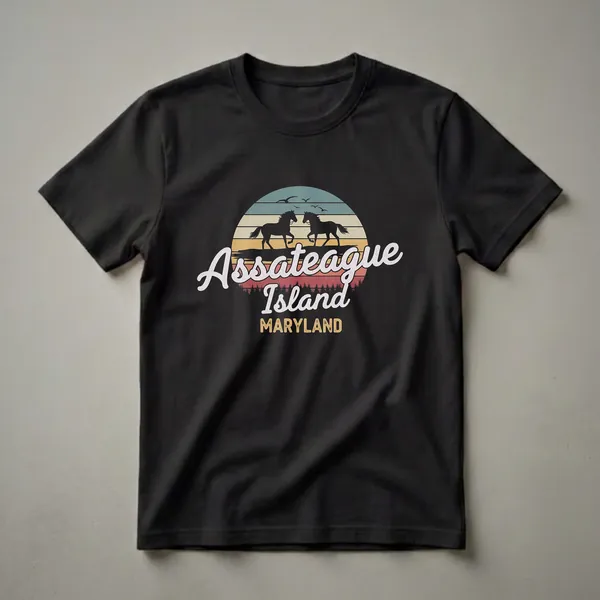 Black t-shirt with a retro sunset graphic featuring two silhouetted horses, seagulls, and the text 'Assateague Island Maryland'.