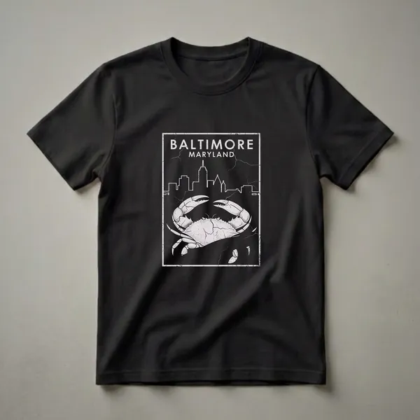 Black t-shirt with a distressed graphic design of a large blue crab in front of the Baltimore skyline, with 'BALTIMORE MARYLAND' text above.