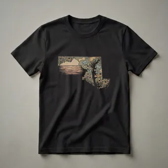 Retro Maryland Map Graphic T-Shirt with Floral and Water Elements