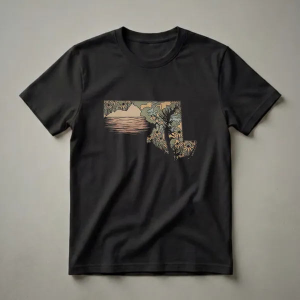 A retro graphic t-shirt design featuring the outline of Maryland filled with a landscape of water, mountains, a tree, and black-eyed Susan flowers in muted earth tones.