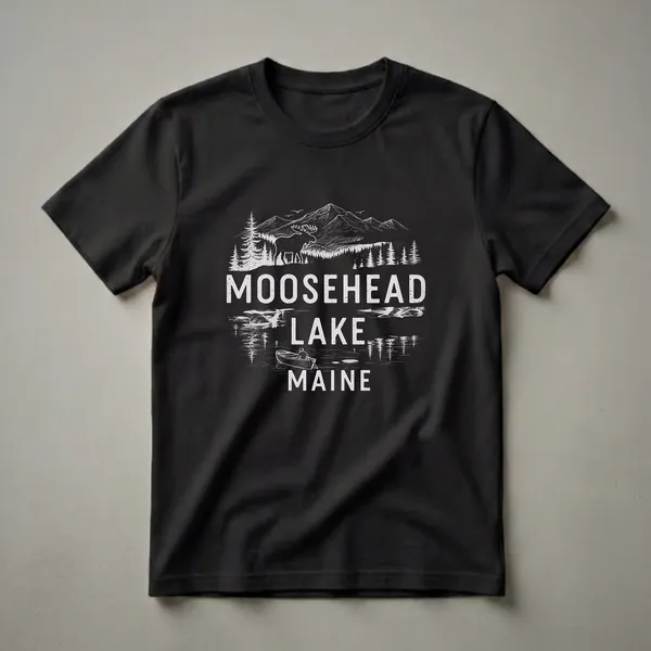 Black t-shirt with a white graphic design of Moosehead Lake, Maine, featuring a moose, pine trees, mountains, and a person in a rowboat.