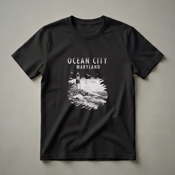 Black t-shirt featuring a vintage graphic design of Ocean City, Maryland, with a lighthouse, house, rocky coast, crashing waves, seagulls, and a sunset.