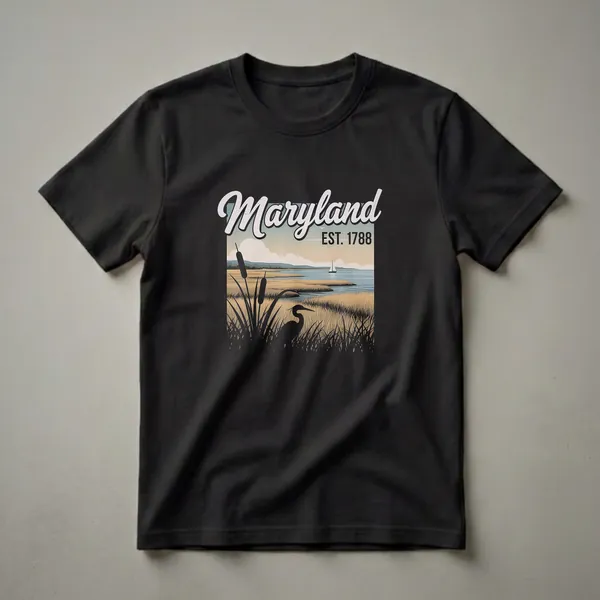 Black graphic t-shirt featuring a vintage Maryland marsh scene with a heron, cattails, reeds, a sailboat on the water, and "Maryland EST. 1788" text.