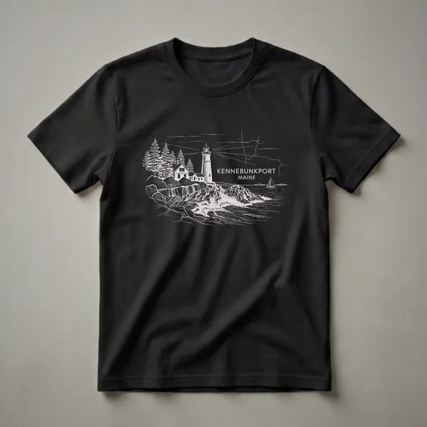 Black t-shirt with a white vintage art design of a Kennebunkport, Maine lighthouse on a rocky coast with waves and a sailboat.