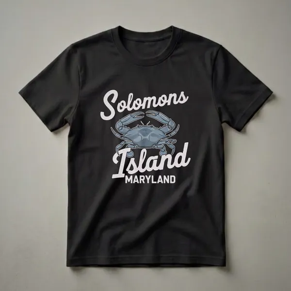 Black t-shirt with a distressed graphic design featuring a blue crab and the text 'Solomons Island Maryland' in retro lettering.