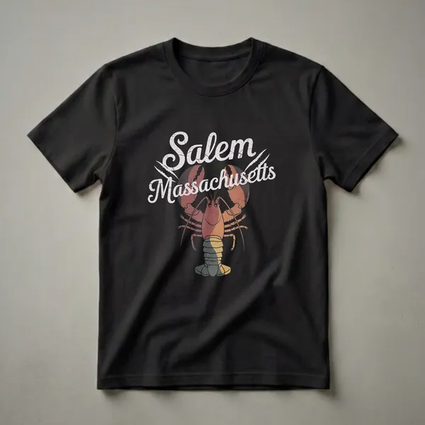 Black t-shirt with a distressed graphic of a lobster and the words 'Salem Massachusetts' in a vintage font.