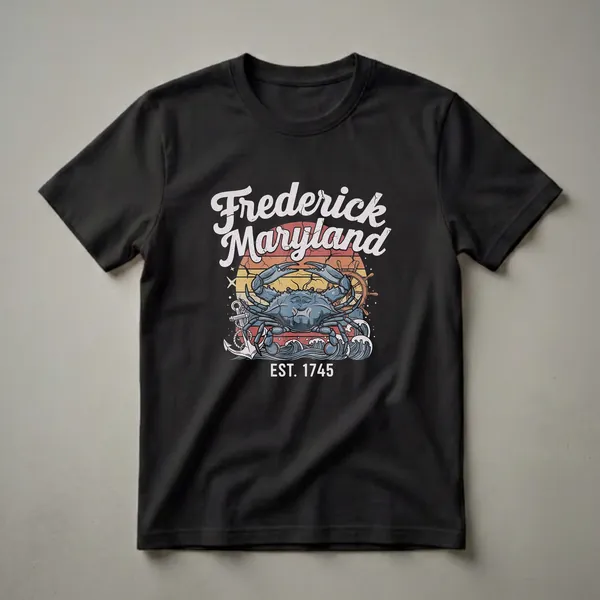 Black t-shirt with a retro graphic design featuring a blue crab, waves, anchor, ship's wheel, and the text 'Frederick Maryland EST. 1745'.