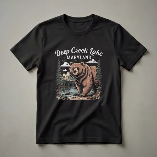 Black t-shirt with a retro graphic design of a bear by Deep Creek Lake, Maryland, featuring pine trees, mountains, a canoe, a fishing lure, and a hiking boot.