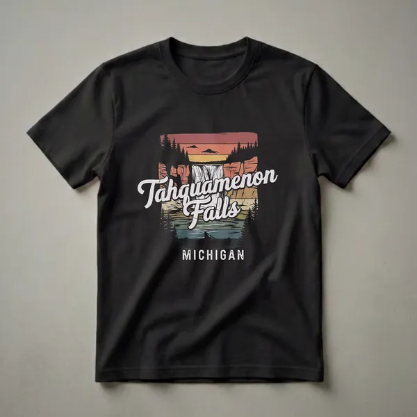 Black t-shirt featuring a retro graphic of Tahquamenon Falls, Michigan, with a canoeist on the water and a vintage sunset sky.