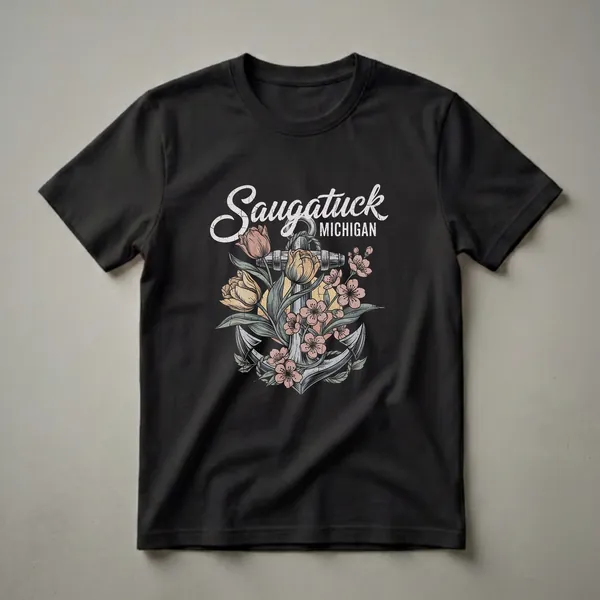 Black t-shirt with a retro graphic design featuring a vintage anchor entwined with colorful tulips and cherry blossoms, with 'Saugatuck MICHIGAN' text above.