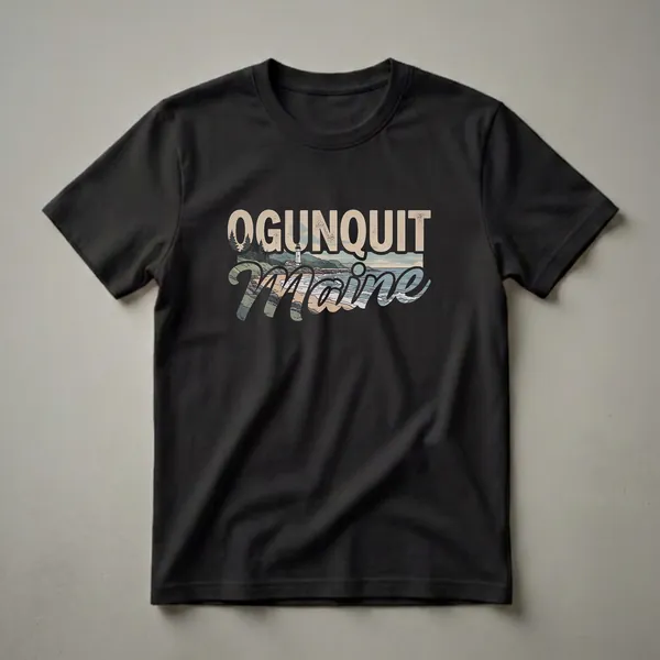 Black graphic t-shirt featuring the text 'Ogunquit Maine' overlaid on a retro illustration of a coastal scene with a lighthouse, rocky beach, and ocean waves.