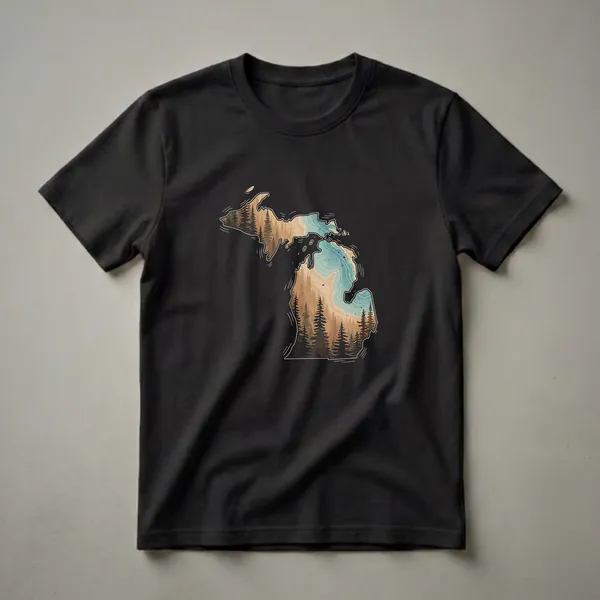 A black t-shirt featuring a retro graphic design of the state of Michigan filled with a forest and water landscape.