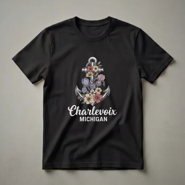 Black t-shirt with a vintage anchor design adorned with red, yellow, purple, and pink flowers, with 'Charlevoix MICHIGAN' text below.