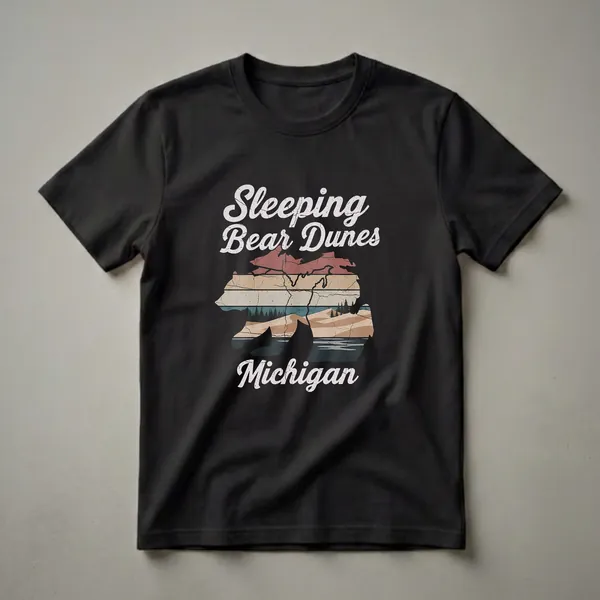 Black t-shirt featuring a graphic design of a bear silhouette filled with a retro landscape of Sleeping Bear Dunes, Michigan, including sand dunes, pine trees, and water.