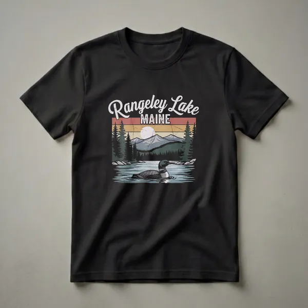 Black t-shirt with a retro graphic design of Rangeley Lake, Maine, featuring a loon swimming in the water, pine trees, mountains, and a sunset.