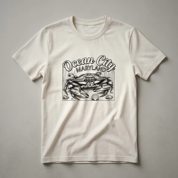 Black and white line drawing graphic t-shirt featuring a blue crab, seaweed, and shells, with 'Ocean City Maryland' text above.